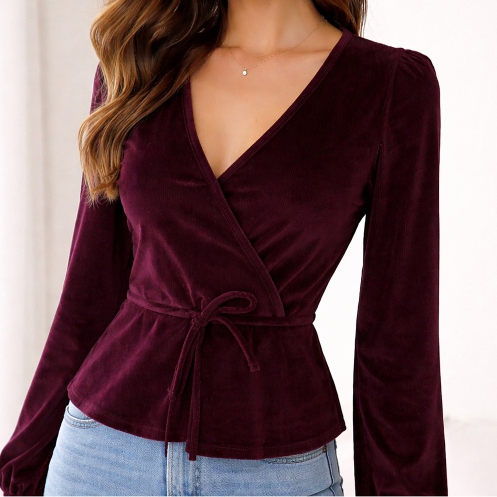 Madewell Merlot Burgundy Corduroy Tie Waist Faux-Wrap Top V-Neck Womens Size S